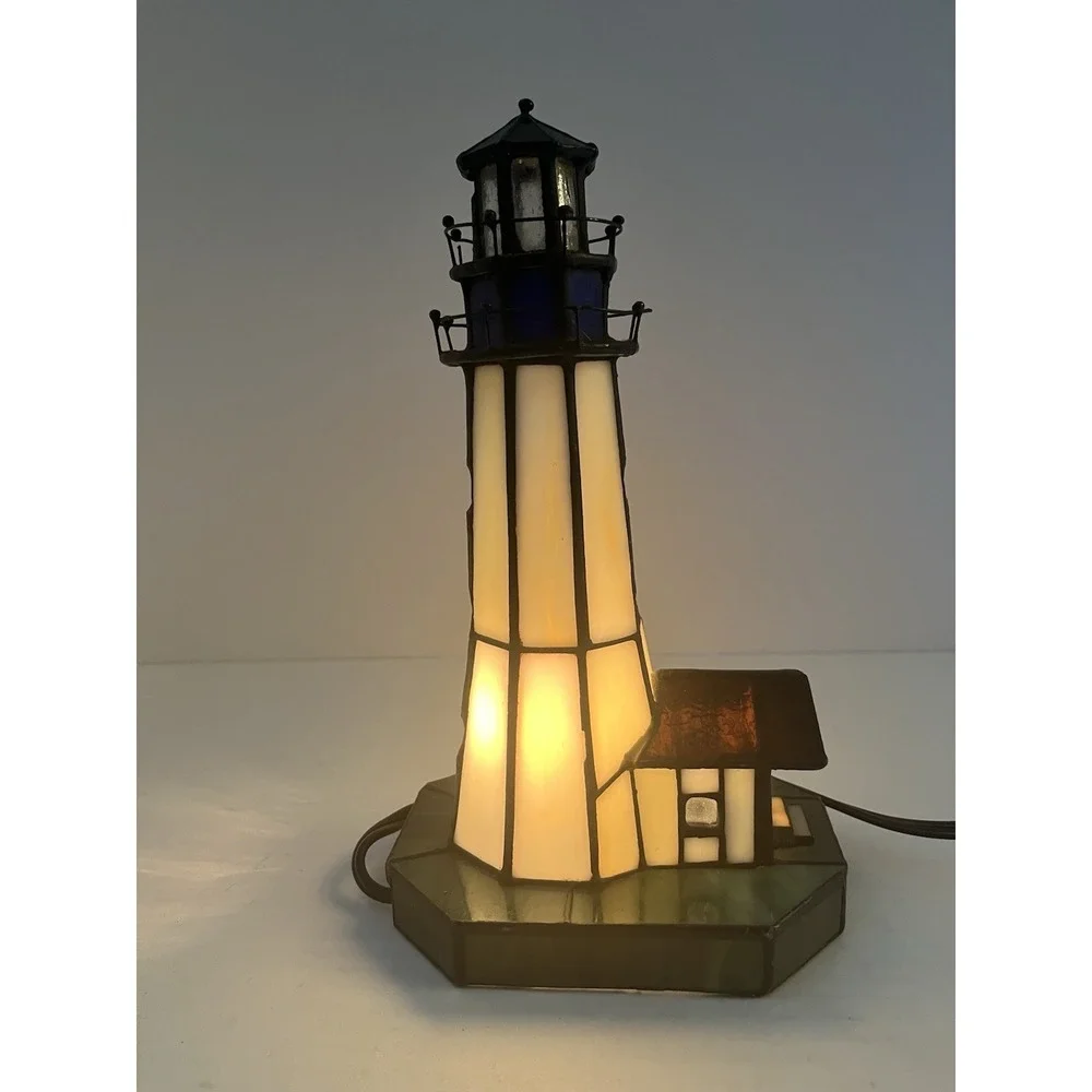 Stained Glass Tiffany Style Lighthouse Lamp Portable Table Lamp Night Light Resi